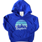 Blue hoodie with 'Explore' graphic on a white background