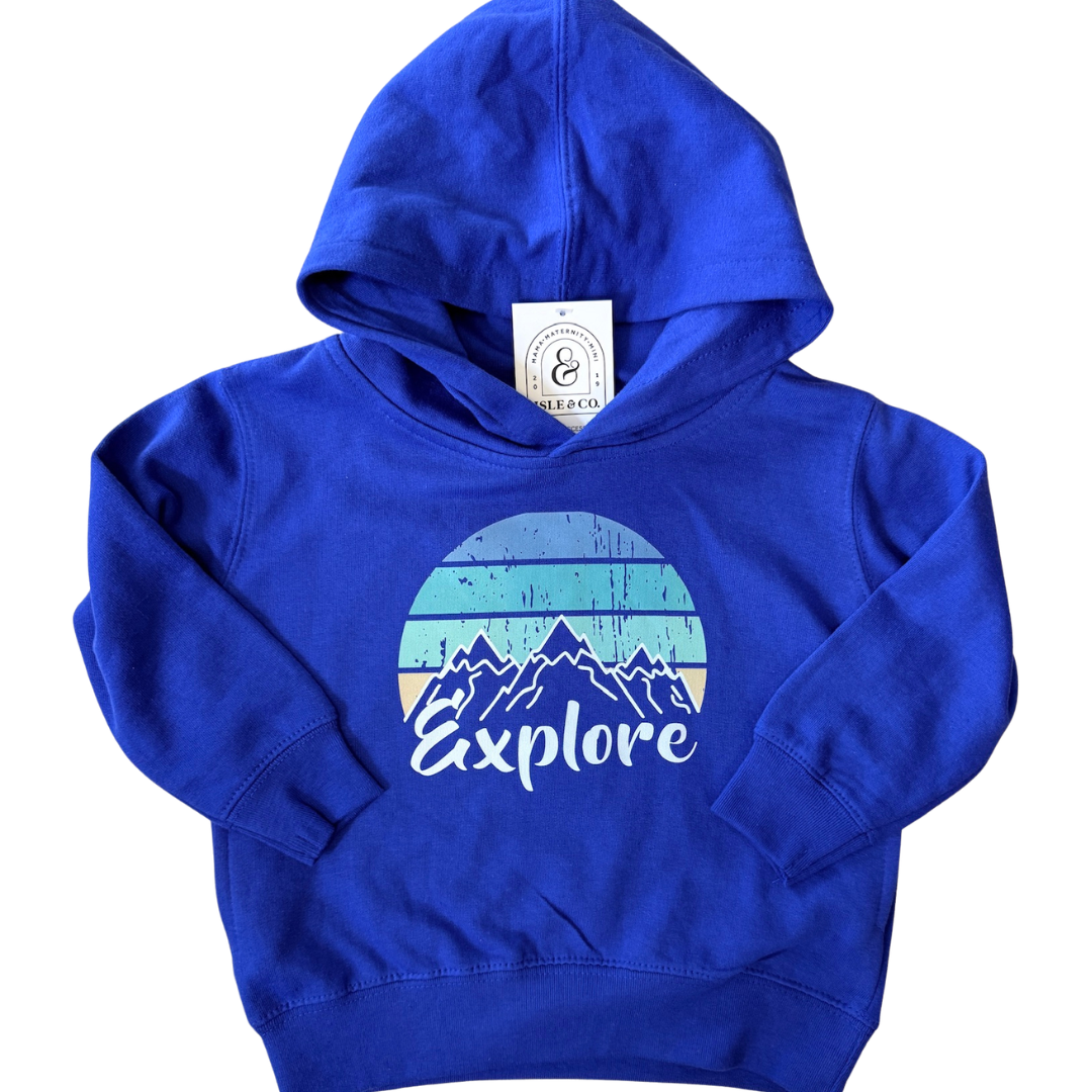 Blue hoodie with 'Explore' graphic on a white background