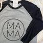 Gray and black baseball shirt with 'MAMA' print on a white surface