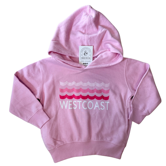 Pink hoodie with 'Westcoast' text and wave design on a white background
