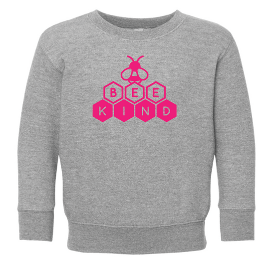 Gray sweatshirt with pink 'BEE KIND' design on a white background