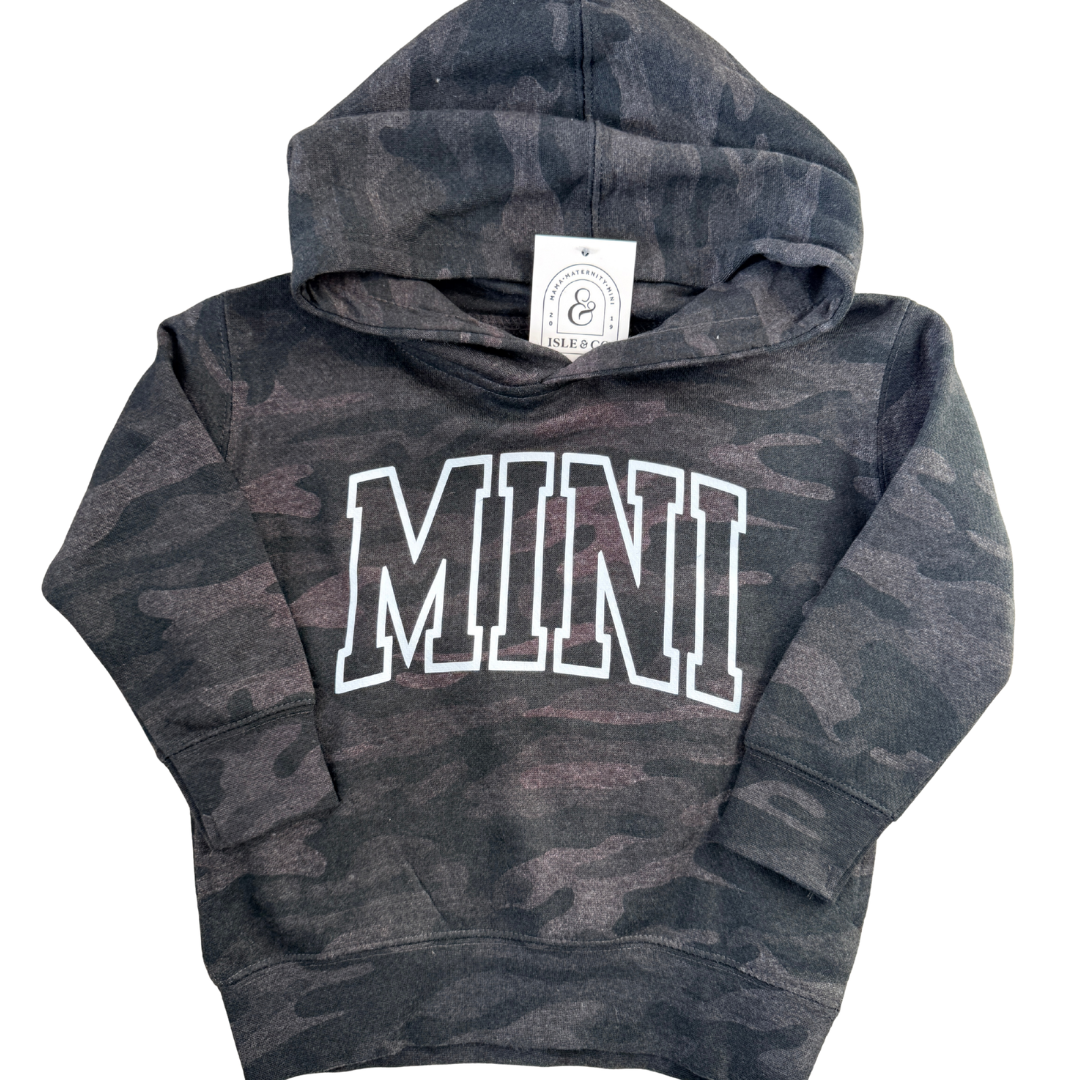 Camouflage hoodie with 'MINI' text on a white background