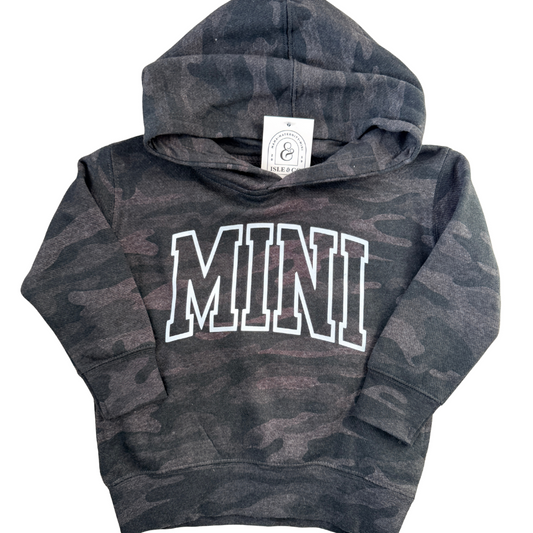Camouflage hoodie with 'MINI' text on a white background