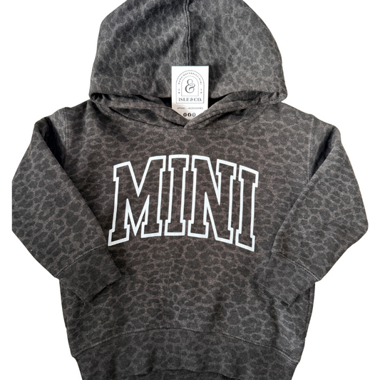 Gray leopard print hoodie with 'MINI' text on a white background