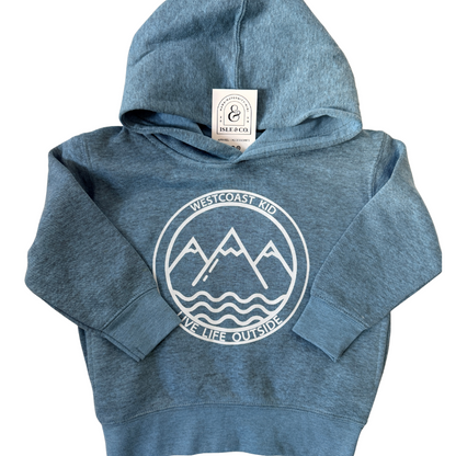 Blue hoodie with a mountain and wave design on a white background